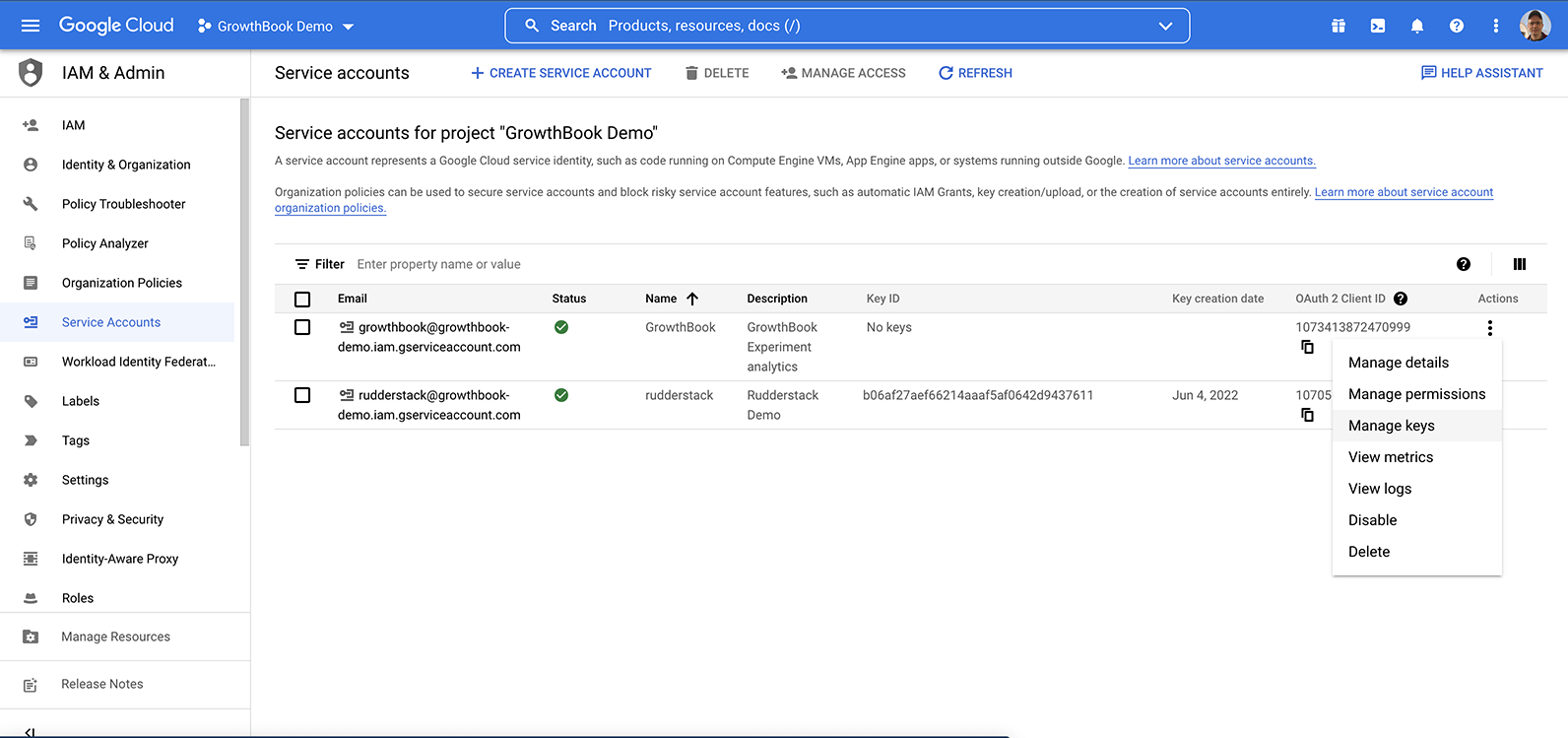 Create a new service account in BigQuery