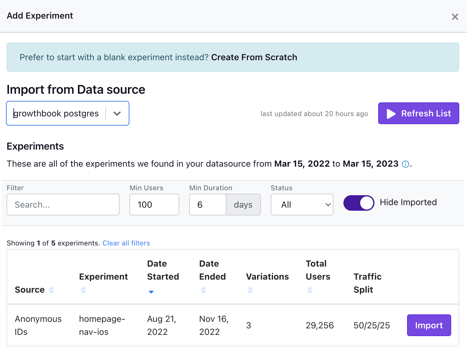 Experiment Import Modal